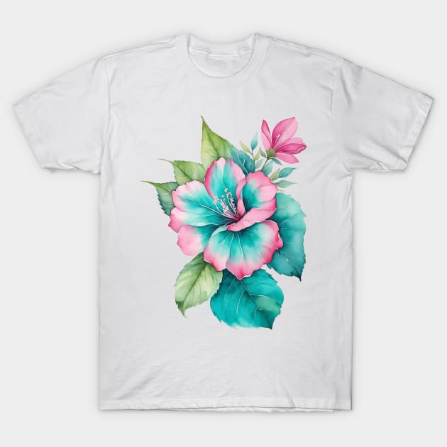 watercolor pink teal flower T-Shirt by Anik Arts